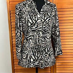 Alfani Black and Cream Abstract-Print Button-Front Shirt 3/4” sleeve